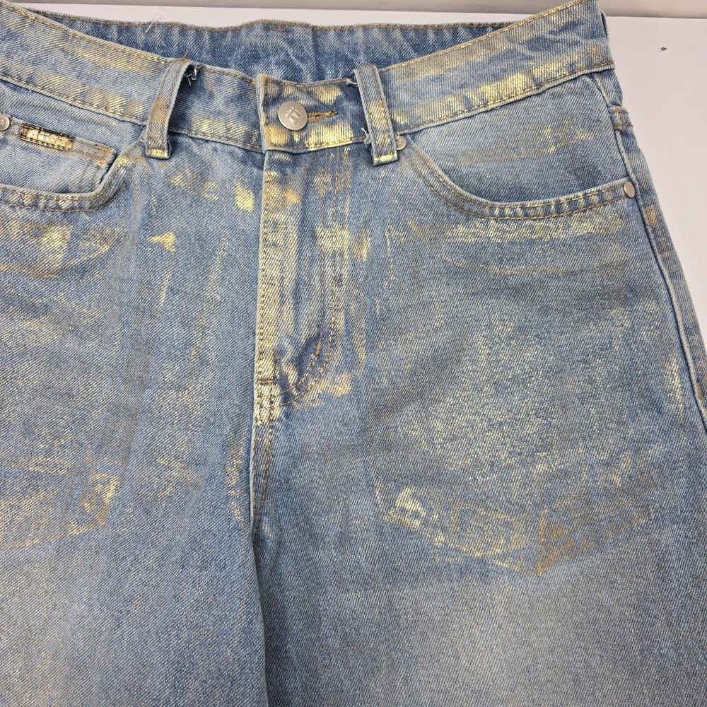 AFRZ Gold Metallic Coated Wide Leg Jeans Blue‎ Denim High Rise sz 25 Streetwear - Picture 3 of 8